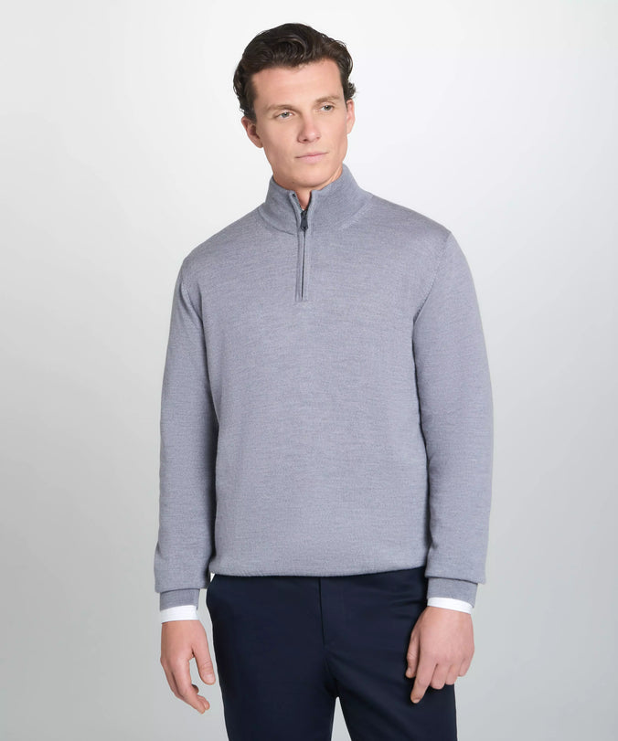 Pale Grey Merino Wool Zip Neck Sweater
