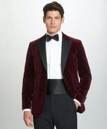 Burgundy Tailored Fit Velvet Peak Lapel Evening Jacket