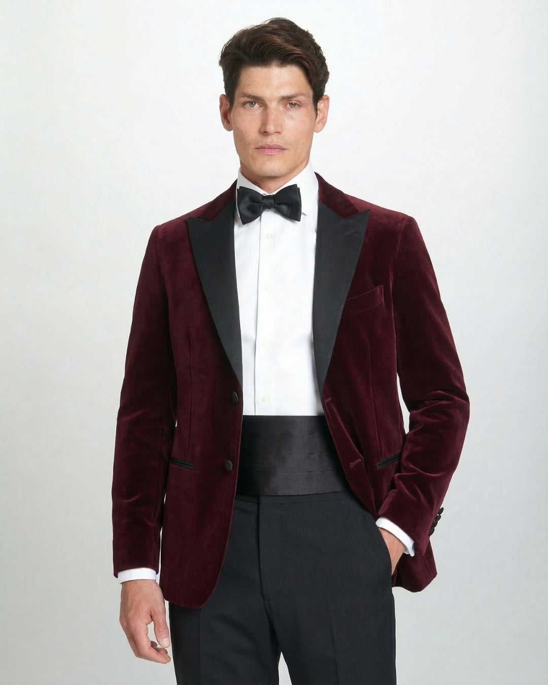 Burgundy Tailored Fit Velvet Peak Lapel Evening Jacket